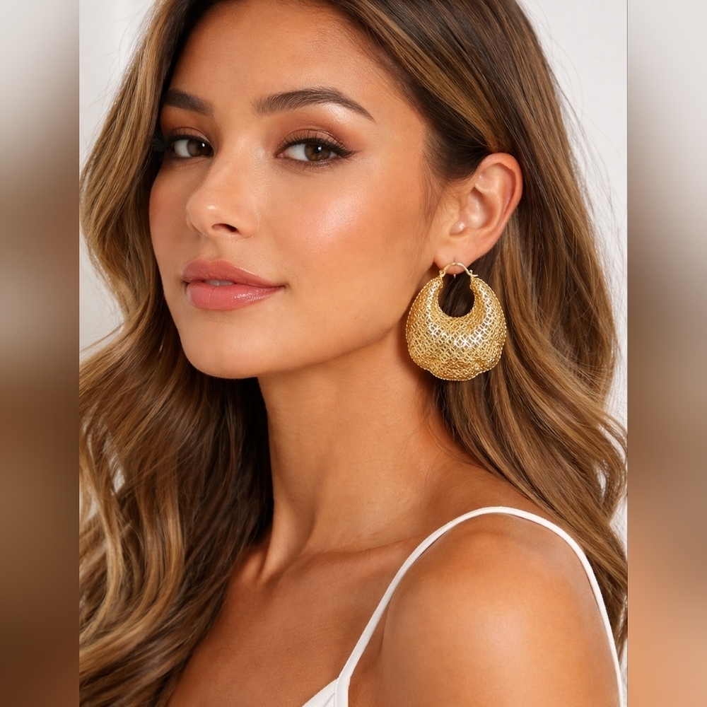 Textured 14K Gold Plated Crescent Mesh Statement Earrings - Picture 3 of 6